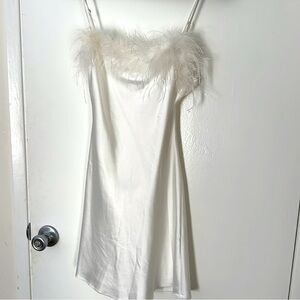 White Satin Slip Dress with Feathers bachelorette bride bridal